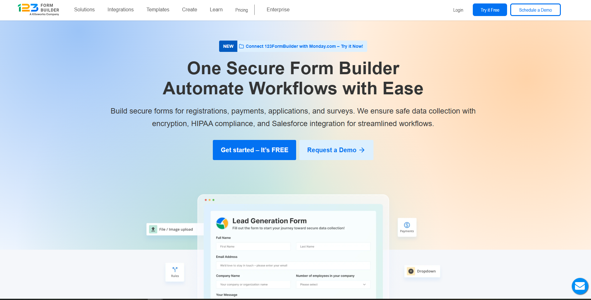 Web page for a form builder showing a headline 'One Secure Form Builder, Automate Workflows with Ease.' Features include data encryption, HIPAA compliance, and Salesforce integration. Two call-to-action buttons say 'Get started – It’s FREE' and 'Request a Demo.' A small preview image of a Lead Generation Form is displayed below.