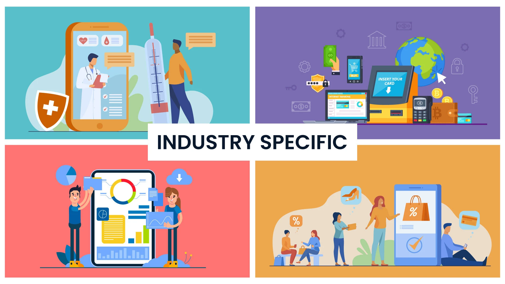 Four illustrations depict industry themes: healthcare with a doctor on a phone, finance with digital devices, analytics on a tablet, and mobile shopping