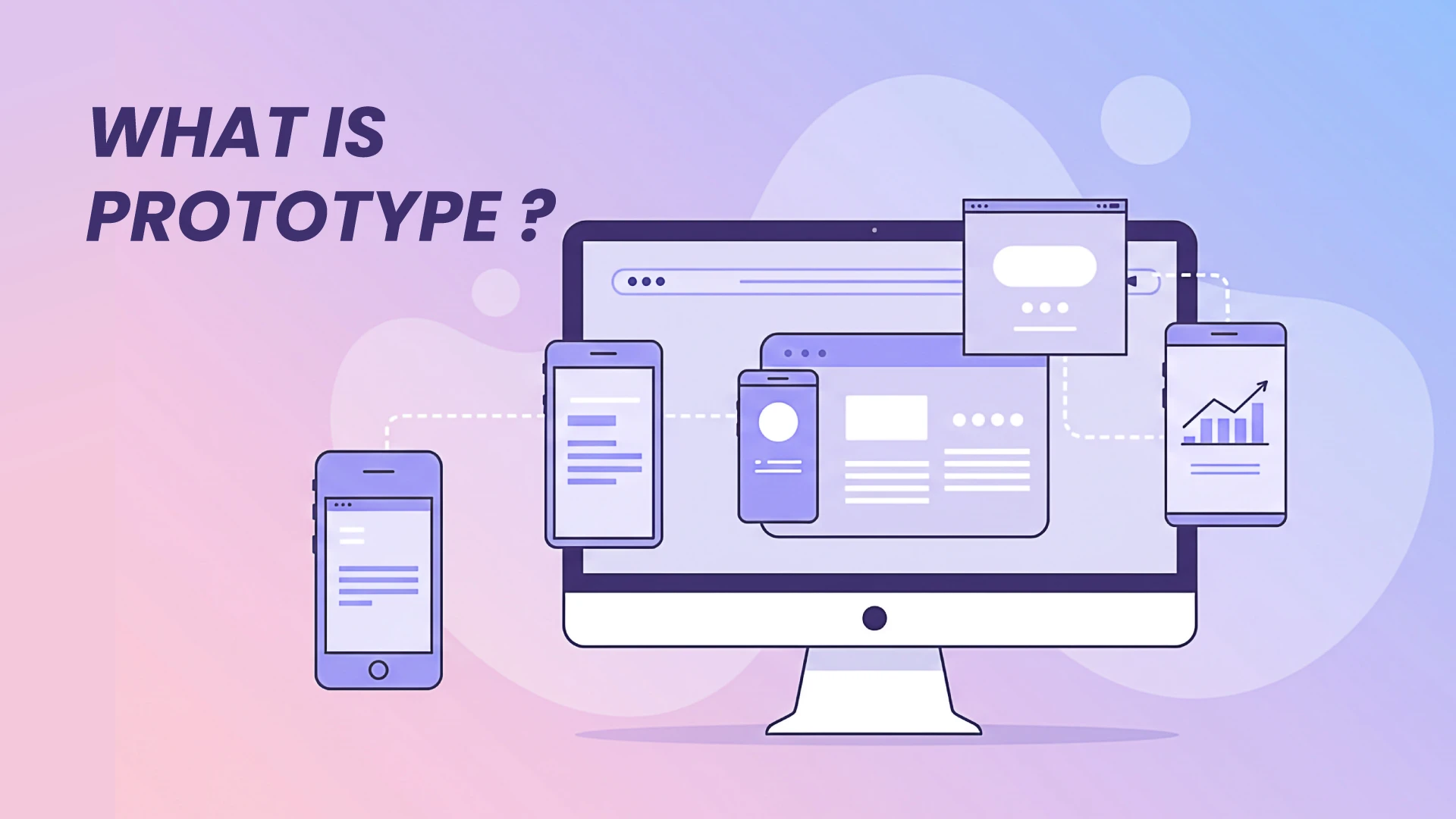  Illustration of a computer and mobile devices displaying web layouts, representing a prototype. Text reads "What is Prototype?" on a gradient background
