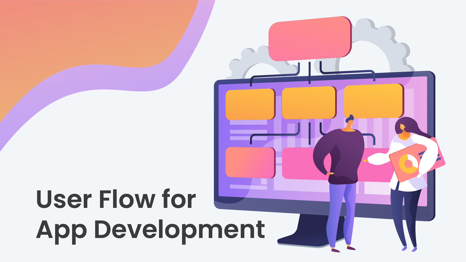 A couple stands in front of a large computer displaying a colorful flowchart. The background has a gradient of orange and purple. Text reads "User Flow for App Development"
