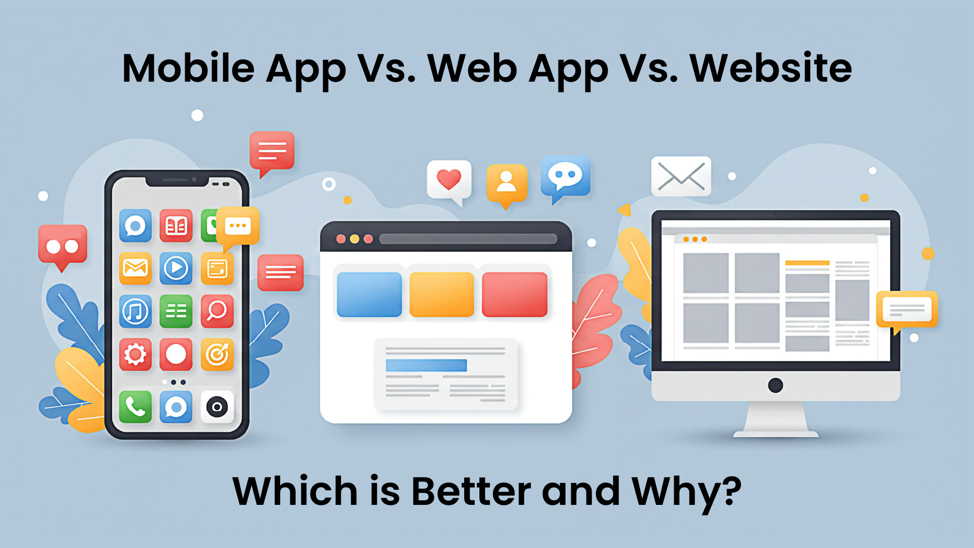 Illustration comparing a mobile app, web app, and website. Each is depicted on a device; smartphone, tablet, and desktop. Overlayed texts ask which is better and why.