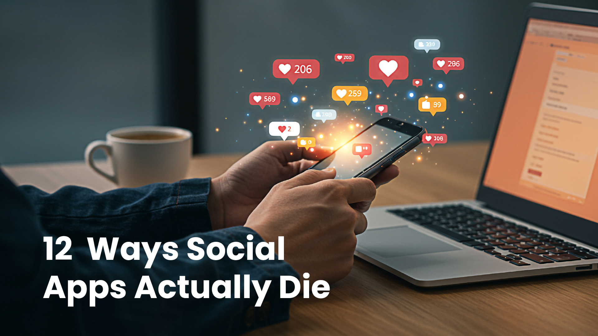 A person uses a smartphone, surrounded by notification icons for likes and messages. Text reads, "12 Ways Social Apps Actually Die," next to a laptop and coffee cup.