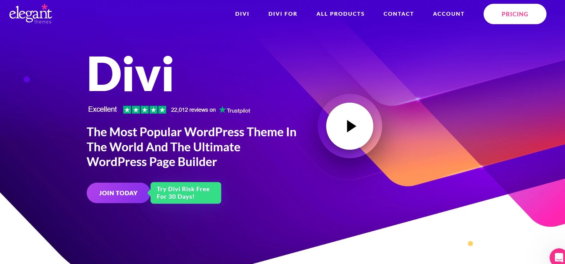 Promotional graphic for Divi WordPress theme, featuring a vibrant purple and orange background, positive Trustpilot rating, and buttons for joining and free trial.