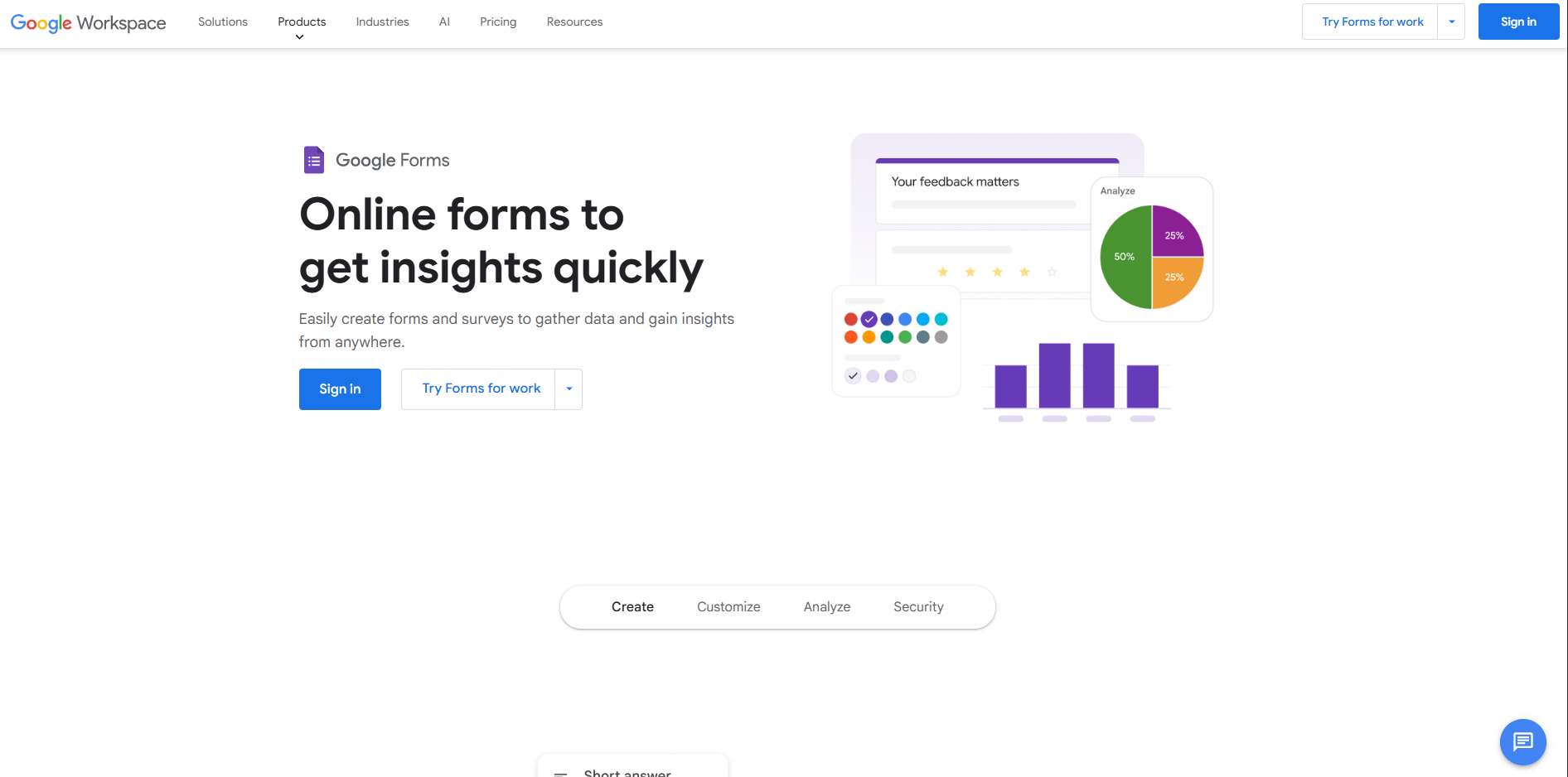 Google Forms webpage showing text "Online forms to get insights quickly" with chart graphics, emphasizing customizable data collection and analysis tools.