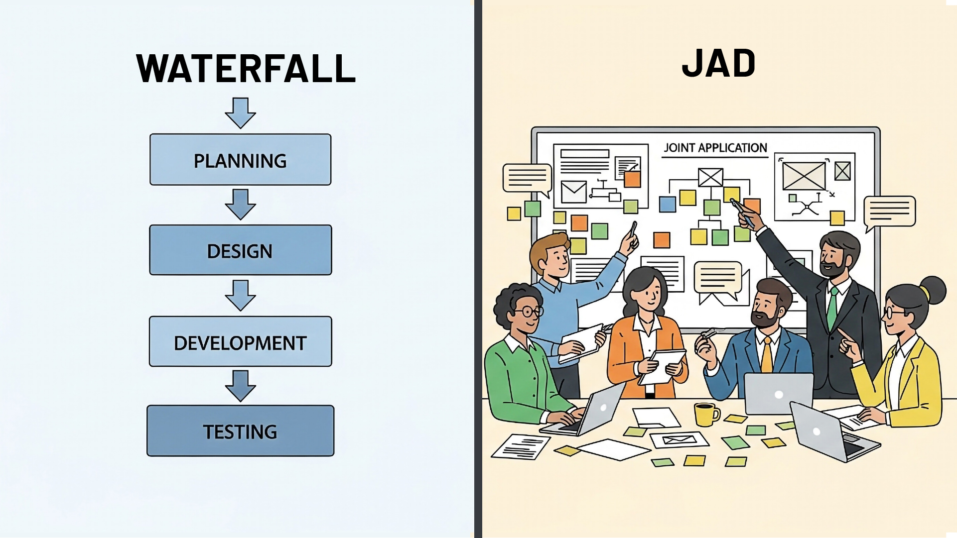 Split image comparing Waterfall and JAD methods. Left: Waterfall's sequential steps, Planning, Design, Development, Testing. Right: JAD team collaborates with sticky notes on a board.