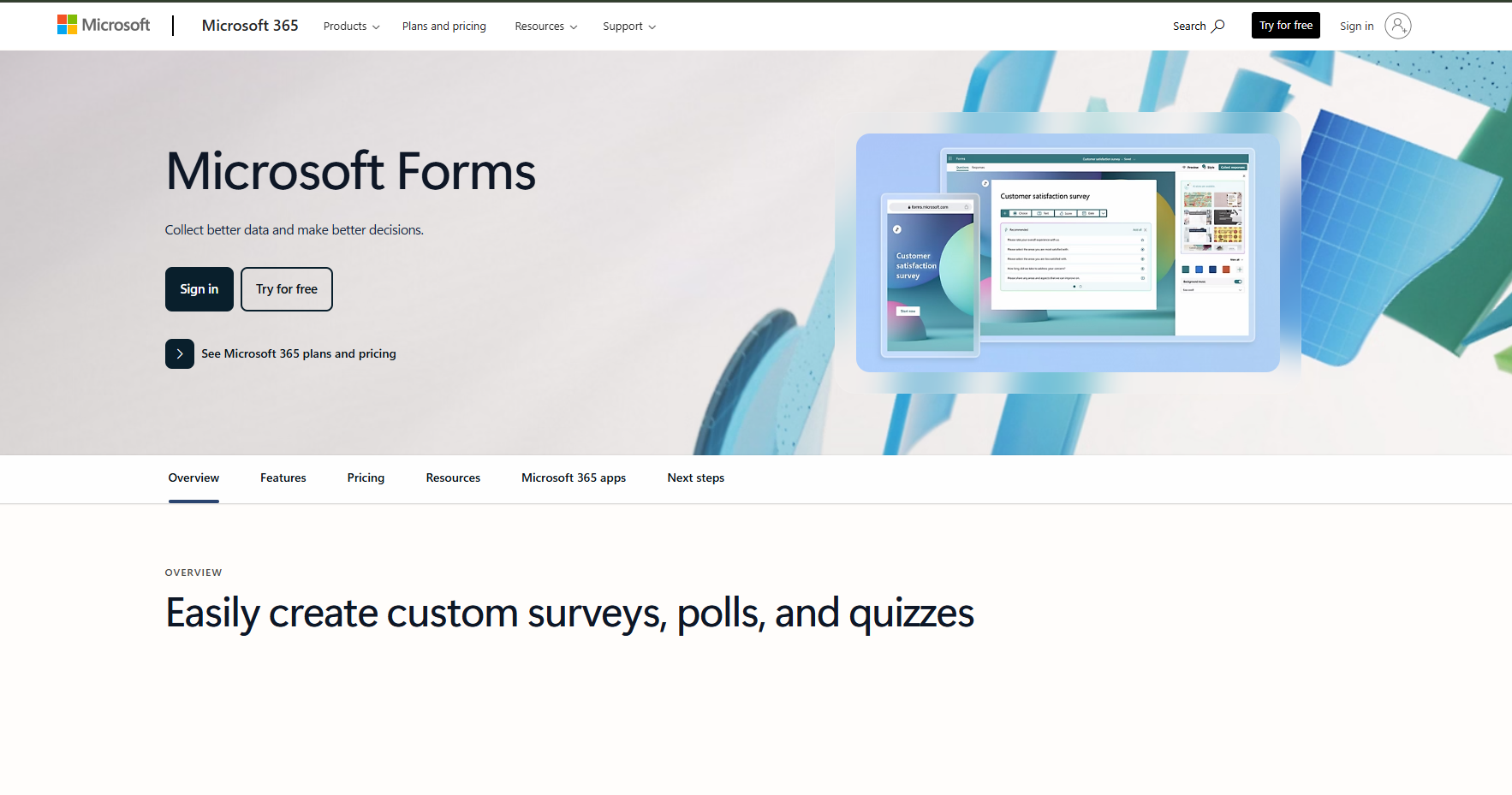 Microsoft Forms webpage displaying tagline 'Collect better data and make better decisions.' Includes options to sign in or try for free. Abstract geometric background.