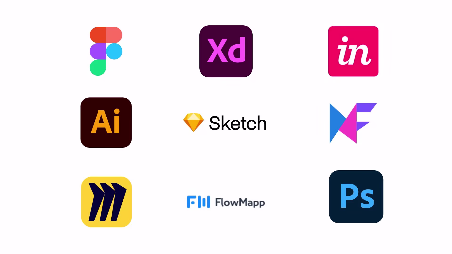  Image showing logos of design tools: Figma, Adobe XD, InVision, Illustrator, Sketch, Axure, Miro, FlowMapp, and Photoshop arranged in a grid layout
