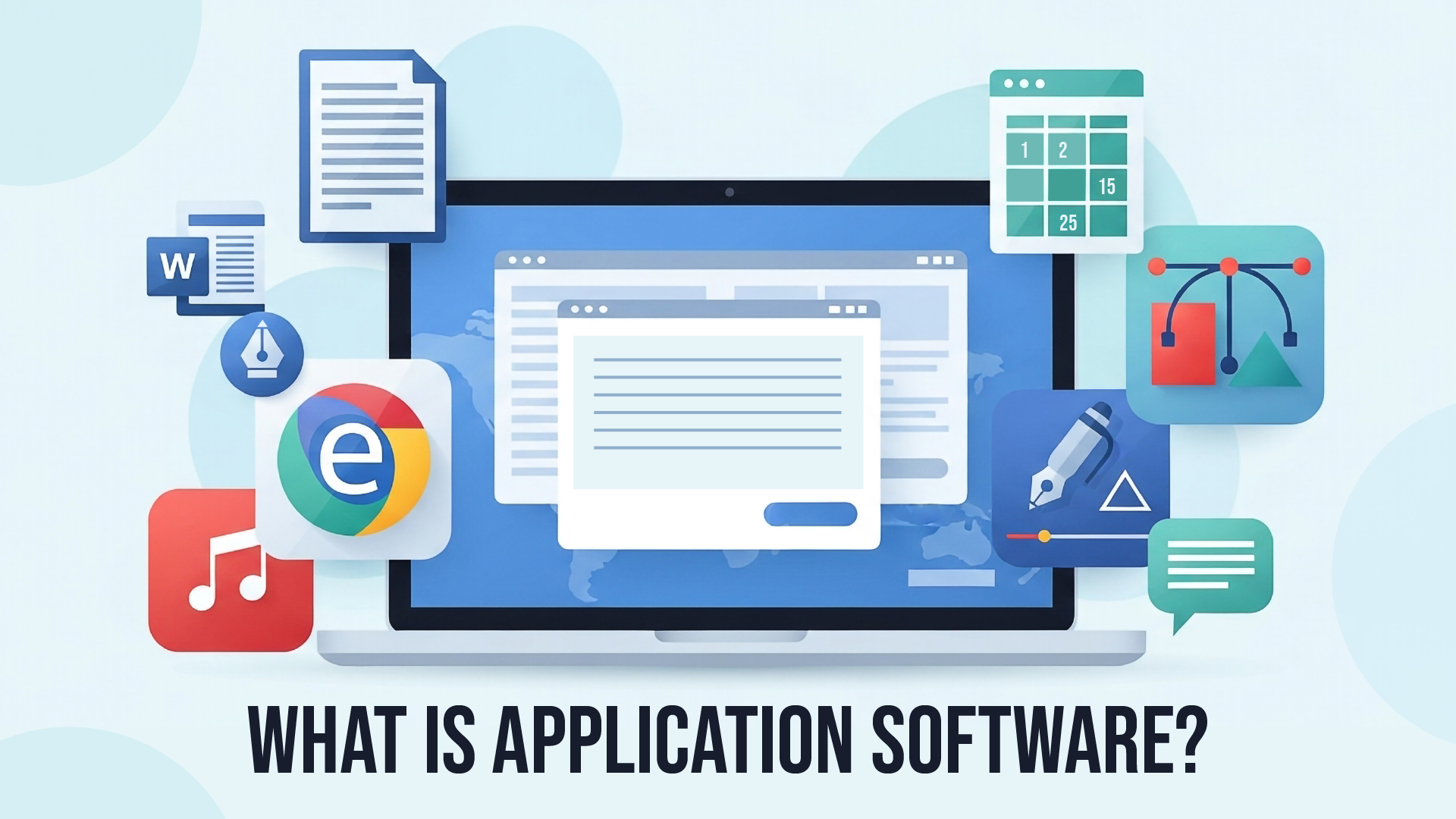 Illustration depicting a laptop surrounded by icons of software applications like a calendar, browser, music, and design tools, titled "What is Application Software?