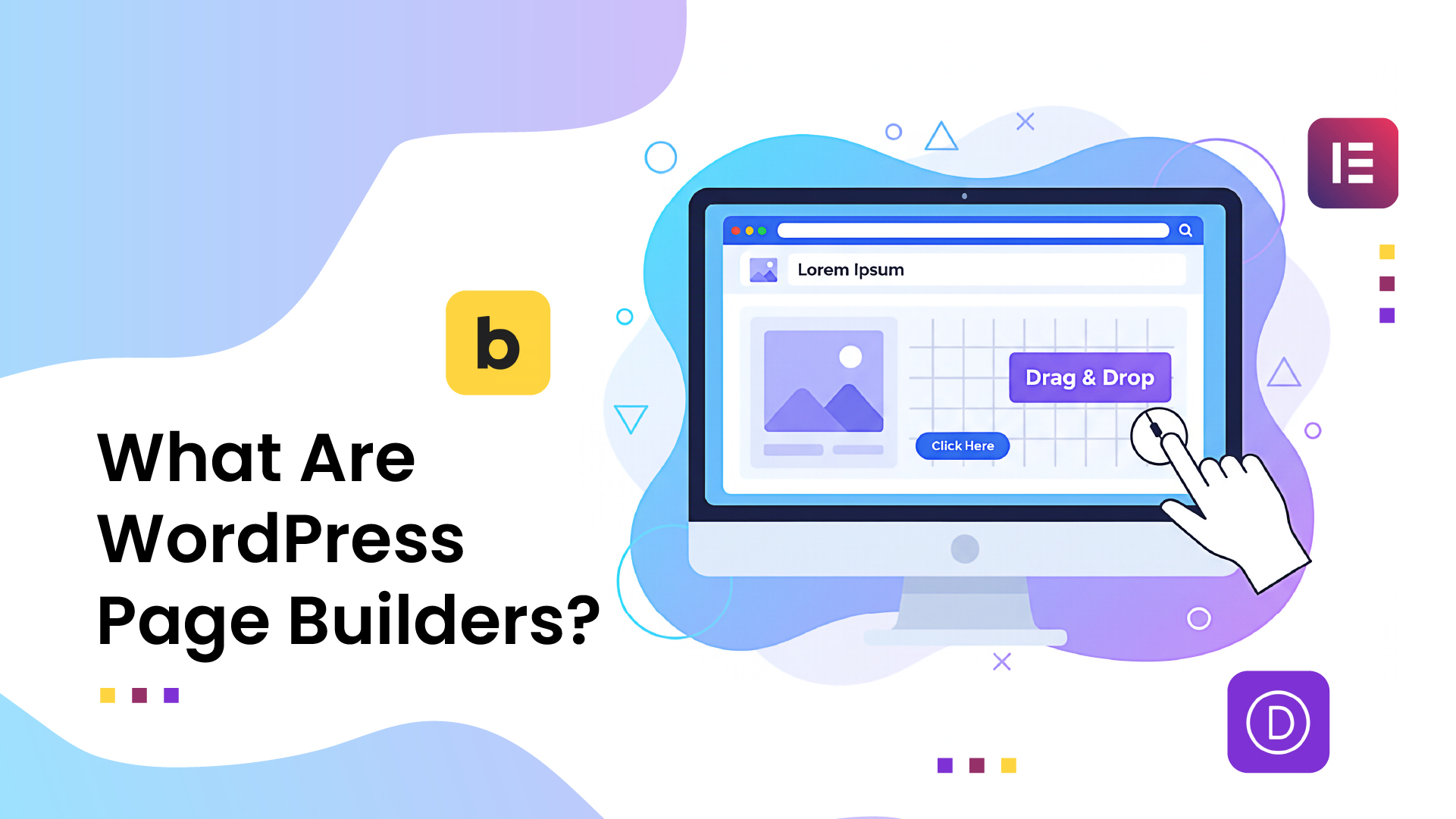 Illustration of a computer screen showcasing a "Drag & Drop" WordPress page builder interface. Surrounding icons and shapes create a modern, tech-savvy feel.