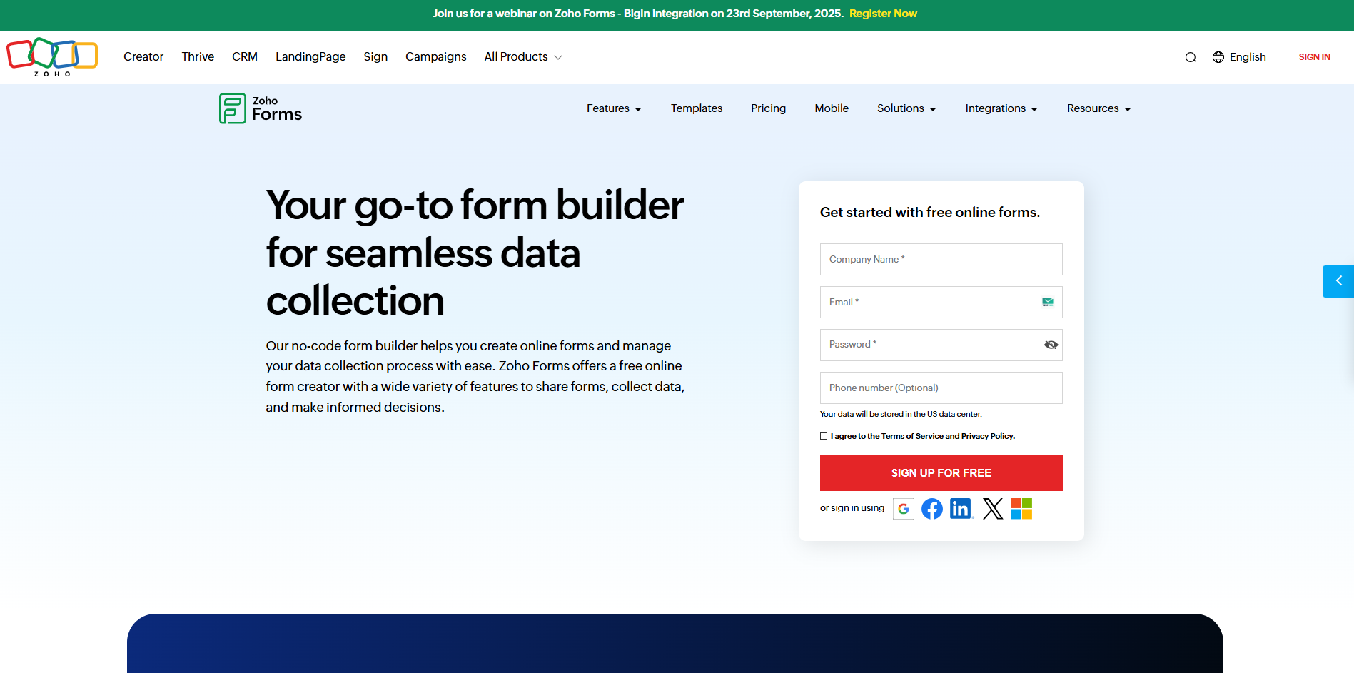 Website screenshot of Zoho Forms. Features a headline promoting its form-building capabilities, with a sign-up section on the right. Tone is professional and inviting.