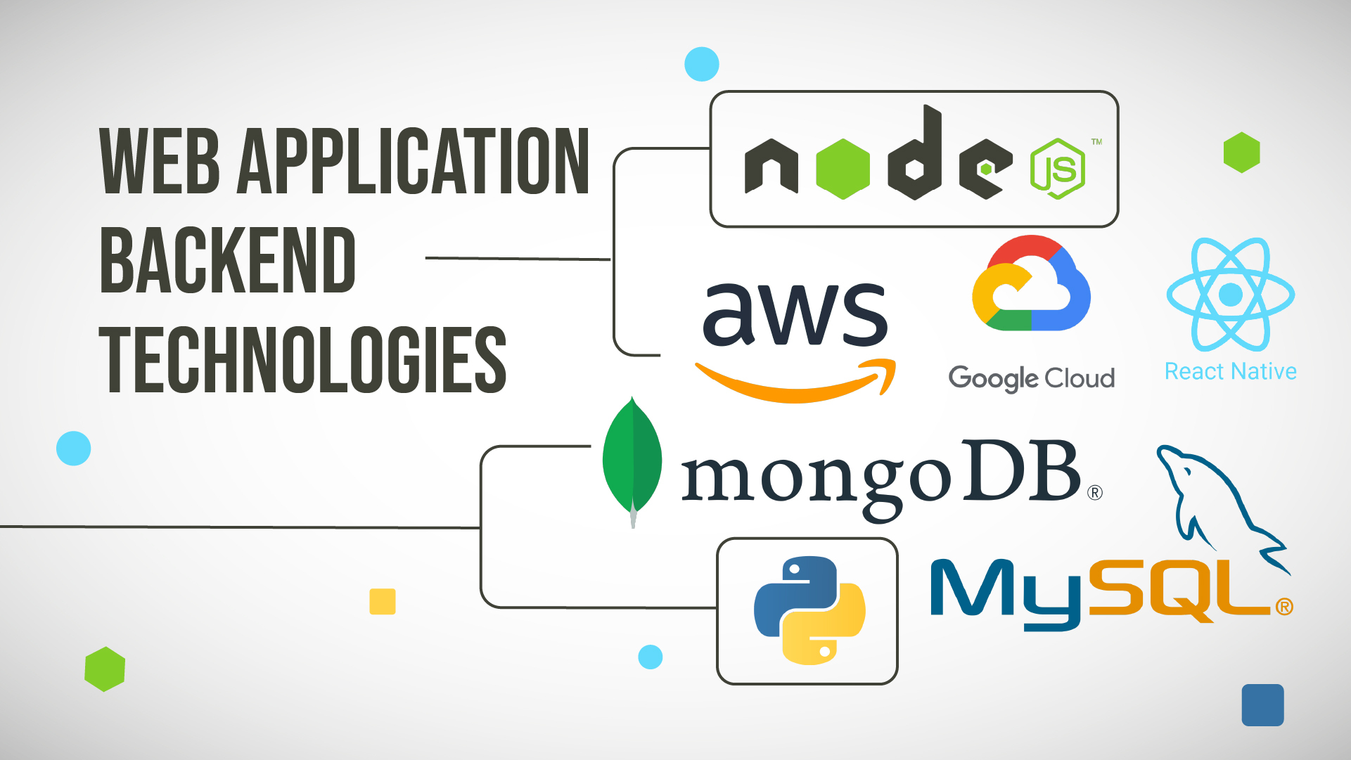 Web application backend technologies illustration featuring logos of Node.js, AWS, Google Cloud, React Native, MongoDB, Python, and MySQL on a light background with scattered geometric shapes. The tone is modern and tech-focused.