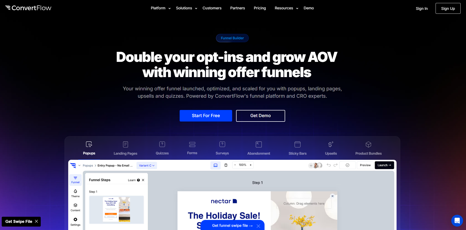 ConvertFlow website page showcasing a funnel builder tool. Bold headline promotes growing opt-ins with offer funnels. Blue buttons invite users to 'Start for Free' or 'Get Demo'. Below, a dashboard with varied funnel steps is displayed. The design is sleek and modern, conveying efficiency and technology