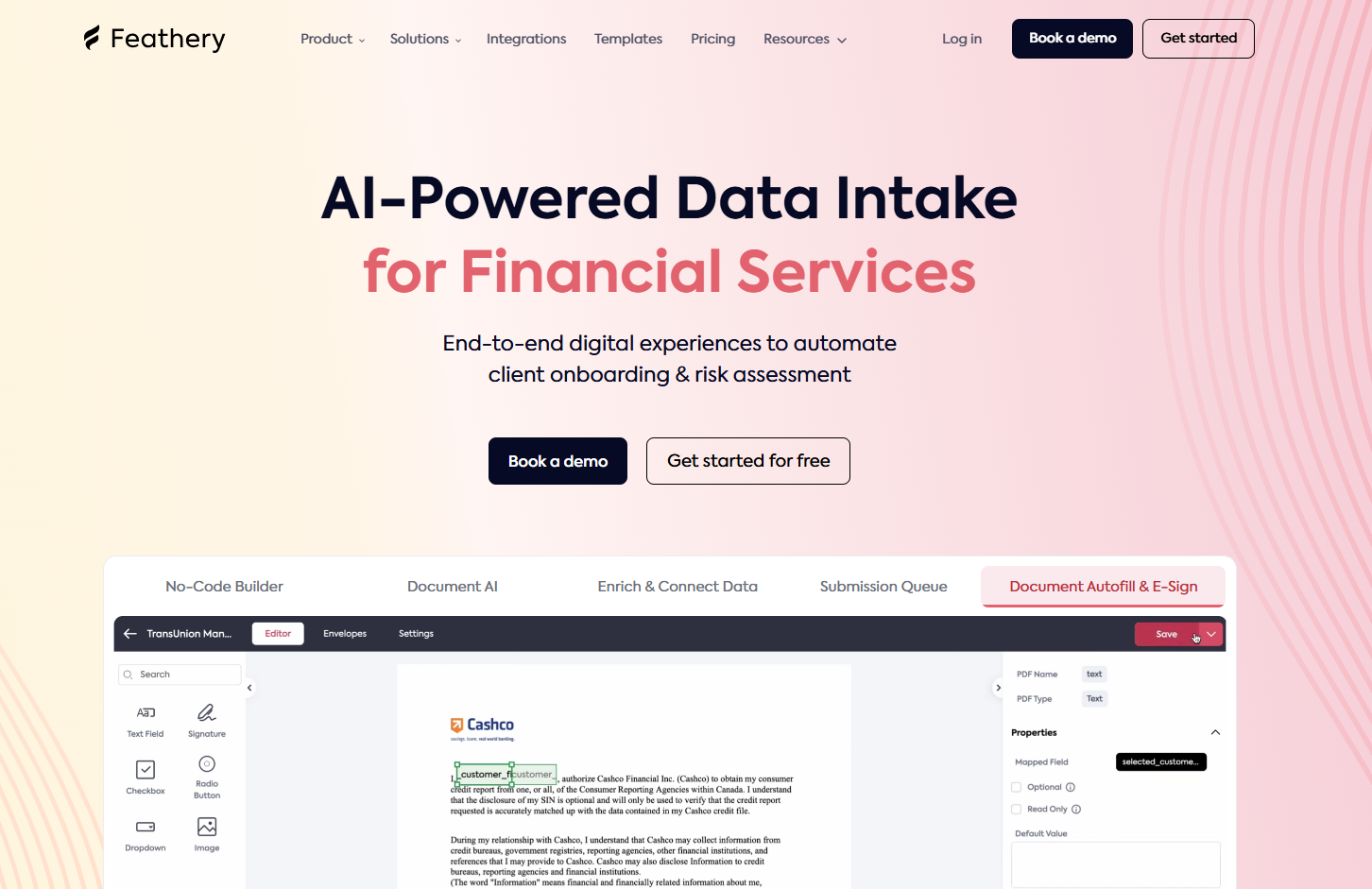 Feathery website displaying AI-powered data services for the financial sector, featuring tools for client onboarding. Buttons for demo and trial are visible.