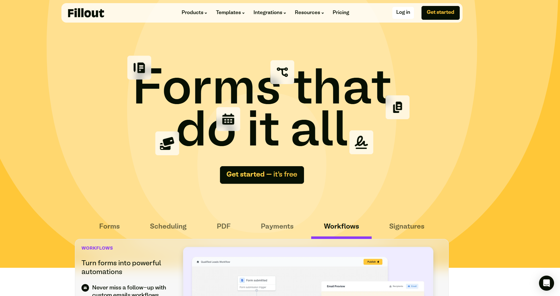 Yellow-themed webpage with bold text "Forms that do it all" and icons illustrating form-related features. The top navigation bar includes products, templates, and pricing.