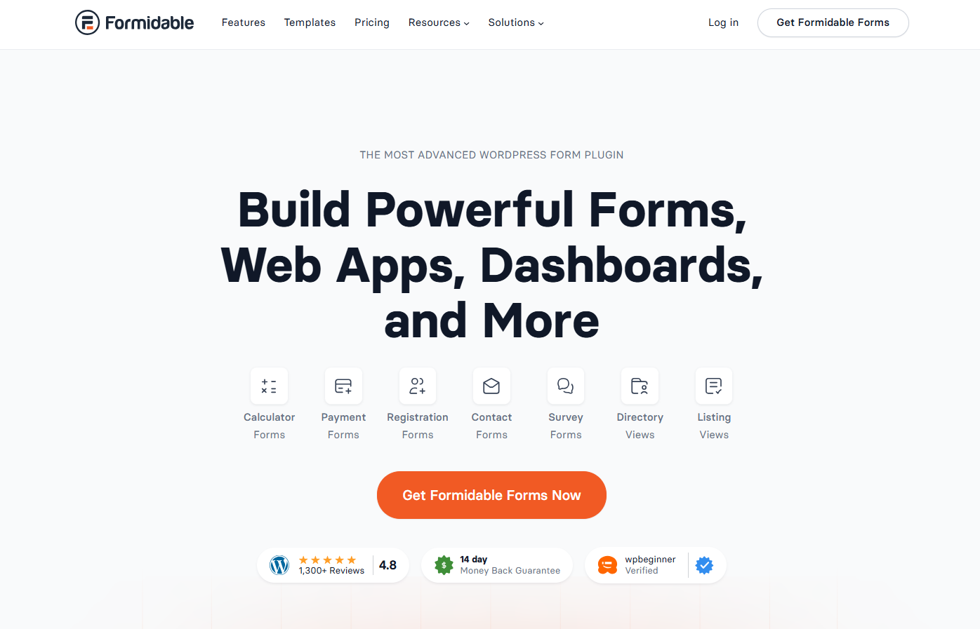 Formidable Forms webpage displaying marketing text promoting building forms, web apps, and dashboards. Includes icons for various form types and a prominent call-to-action button.