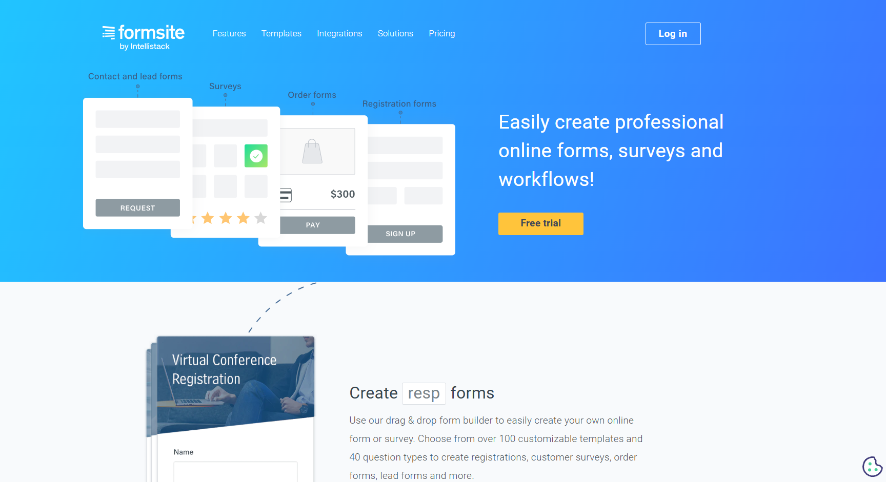 Formsite website screenshot with blue gradient background, menu bar, and login button. Features include form creation and a free trial offer.