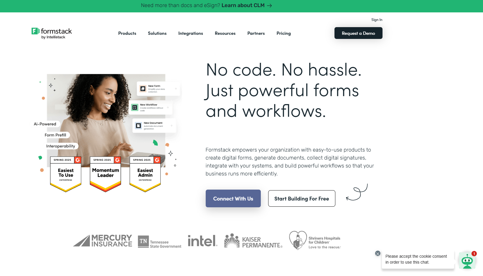 Formstack webpage highlighting its no-code form and workflow solutions. A smiling woman is shown near awards for ease of use and leadership. Logos of Mercury Insurance, Tennessee State Government, Intel, Kaiser Permanente, and Shriners Hospitals are displayed below.