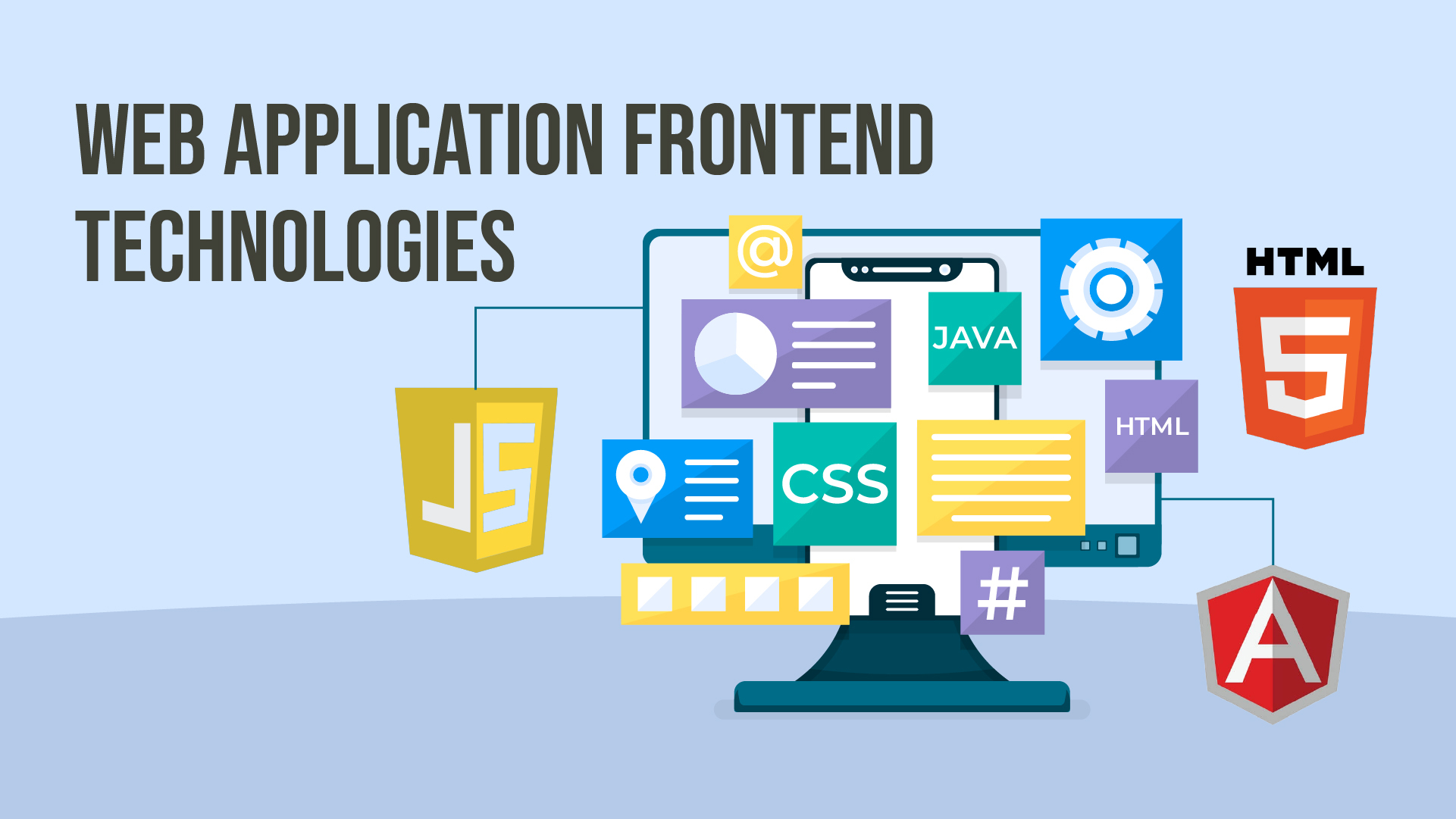  Illustration of a computer monitor displaying various web application frontend technologies like Java, CSS, and HTML5 logos. Colorful icons and text suggest modern, diverse tools for web design.