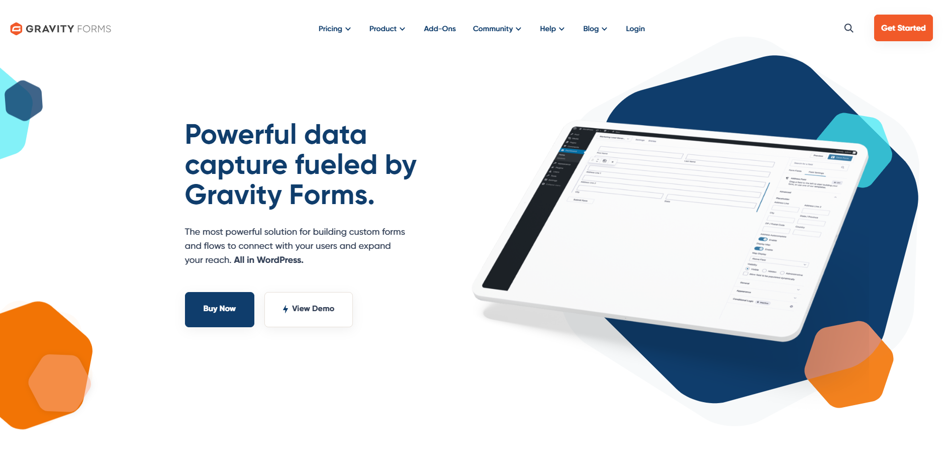 Gravity Forms webpage showcasing powerful data capture features. Includes buttons for 'Buy Now' and 'View Demo' beside a tablet displaying form creation interface. Background features abstract geometric shapes, creating a modern and professional tone.