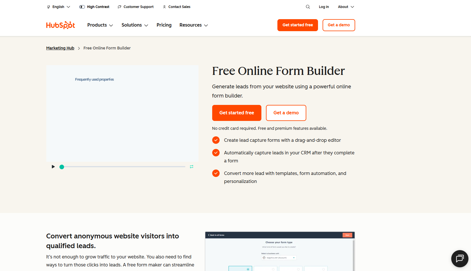 The webpage showcases HubSpot's Free Online Form Builder. It features a call to action with "Get started free" and "Get a demo" buttons, highlighting benefits like creating lead capture forms, automatic CRM integration, and lead conversion with templates. The design is clean with sections promoting conversion of website visitors into qualified leads.
