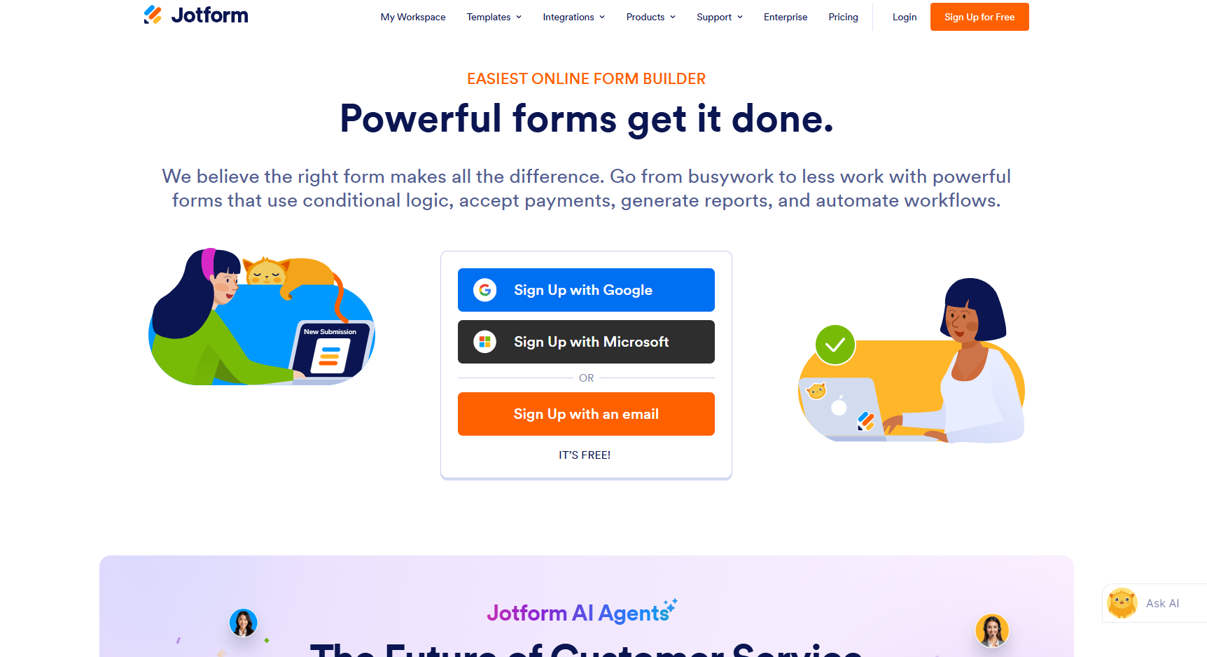 Jotform homepage highlighting ease of creating powerful forms. Central sign-up options with Google, Microsoft, or email. Illustrations of people working on laptops convey productivity and efficiency. Bold text reads 'Powerful forms get it done,' emphasizing the platform's functionality.