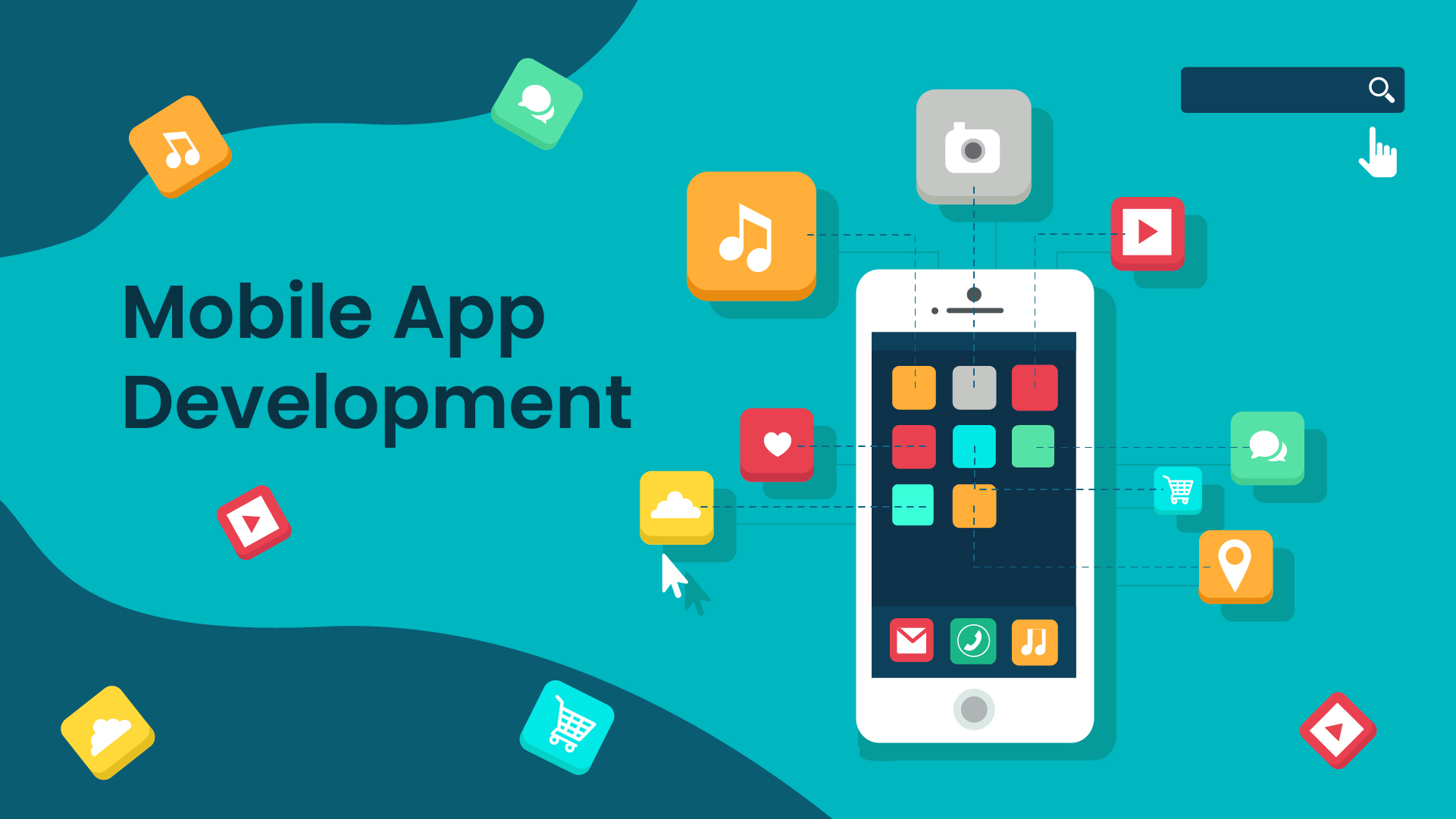 Illustration of a smartphone surrounded by colorful app icons like music, cloud, and shopping cart with "Mobile App Development" text on left. Bright and modern.