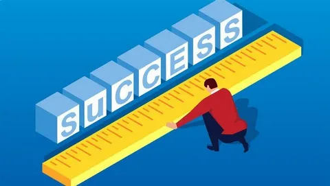 Illustration of a person measuring a large yellow ruler labeled "SUCCESS" with blocks, depicting progress and achievement in a hopeful, motivational tone
