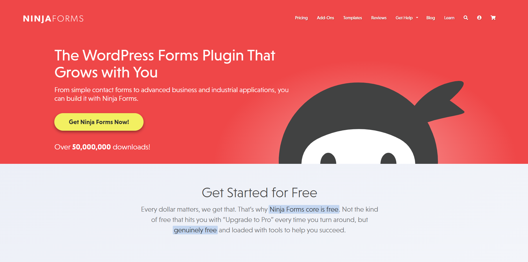 Red banner with "Ninja Forms" logo and text promoting a WordPress plugin, featuring a ninja icon. Text highlights free core features with over 50 million downloads.