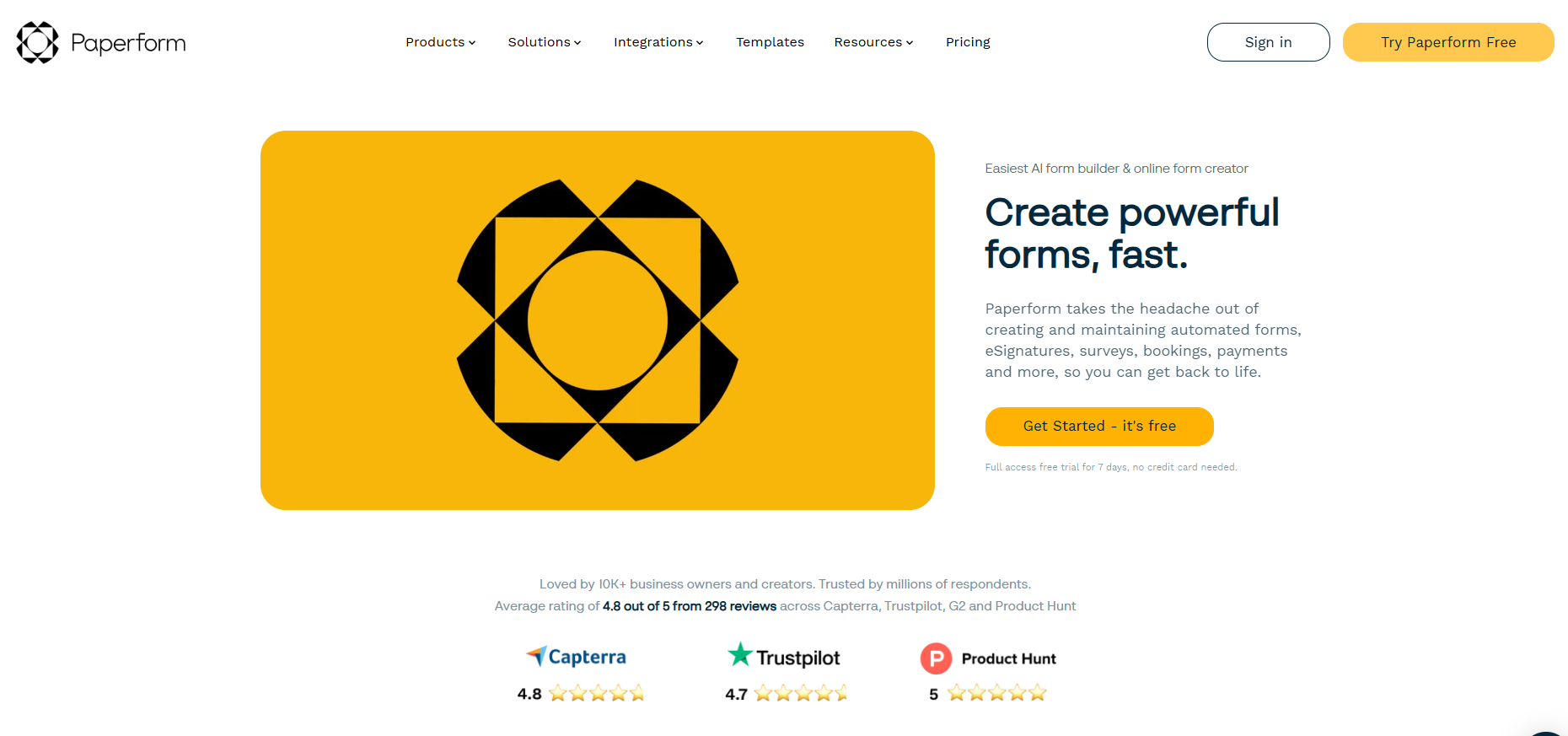 Paperform website homepage featuring a bold geometric logo on an orange background, with text promoting easy form creation. Includes high ratings from Capterra, Trustpilot, and Product Hunt, emphasizing reliability and user satisfaction.