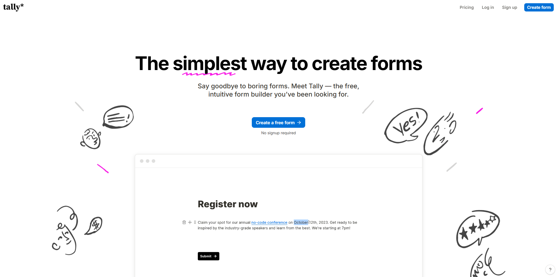 Webpage with "The simplest way to create forms" headline, playful doodles, and a blue "Create a free form" button. Emphasizes ease and creativity in form creation.