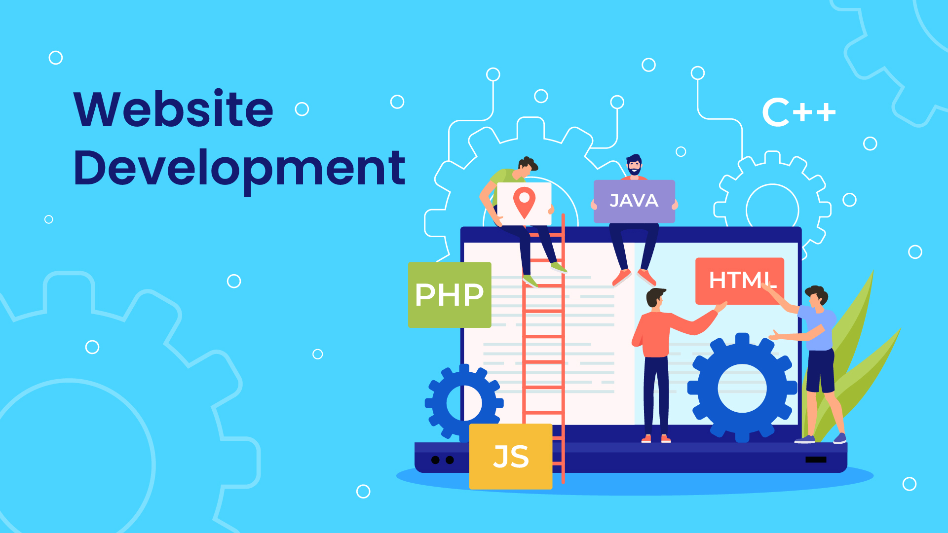 Image depicting website development. Cartoon people work on a large laptop with icons labeled PHP, JS, HTML, JAVA and C++. The scene conveys collaboration and creativity with bright colors and gears in the background.