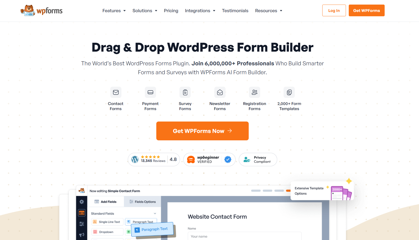 WPForms webpage showcasing a drag-and-drop WordPress form builder. Features include contact, payment, and survey forms. The page highlights a 4.8-star rating and 2,000+ form templates. A bright orange 'Get WPForms Now' button is prominent, conveying a professional and user-friendly tone.
