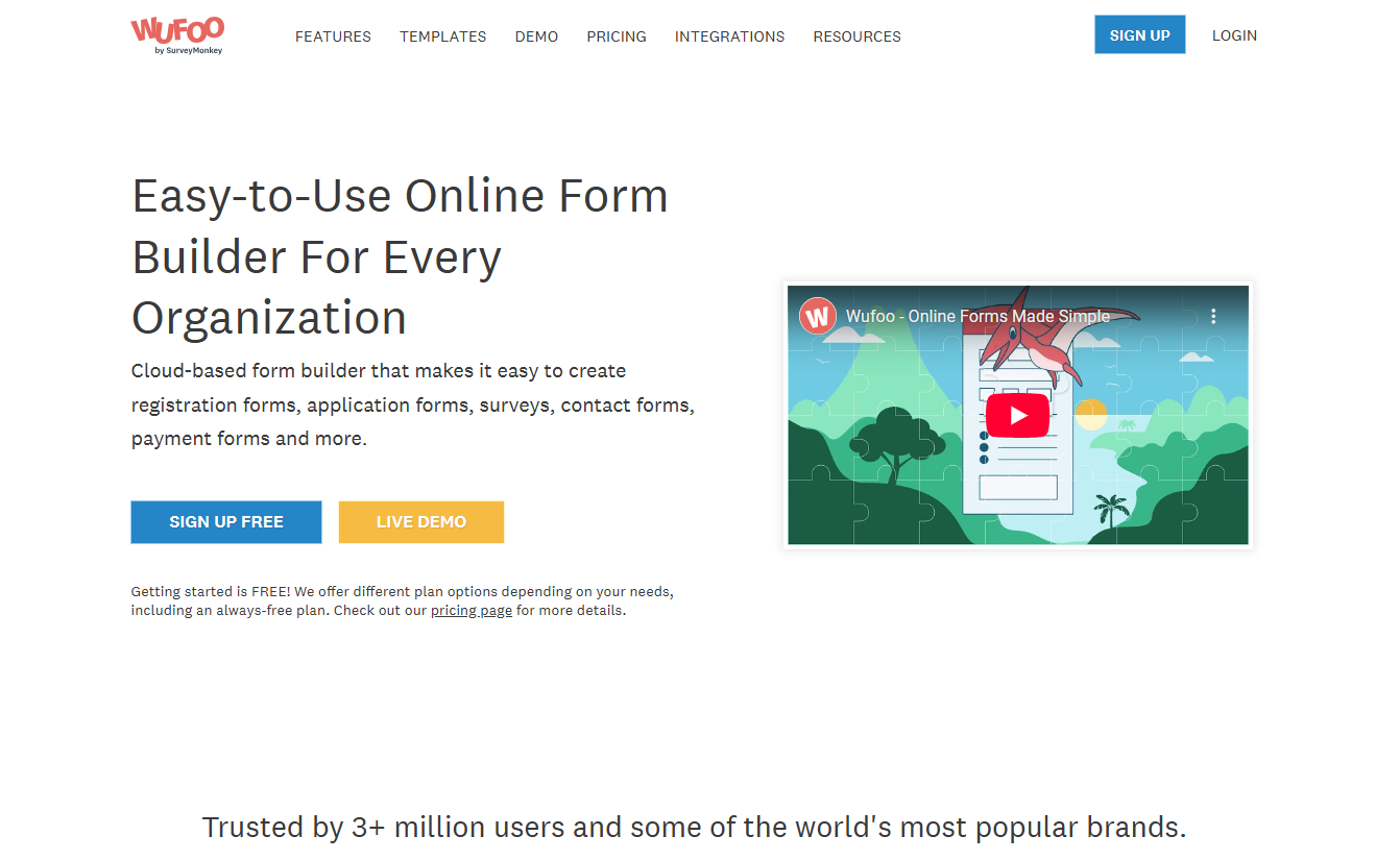 Webpage for Wufoo, an online form builder. Headline reads 'Easy-to-Use Online Form Builder For Every Organization' with signup buttons. A promotional video thumbnail displays an illustration of a laptop and a paper plane. The tone is professional and inviting.
